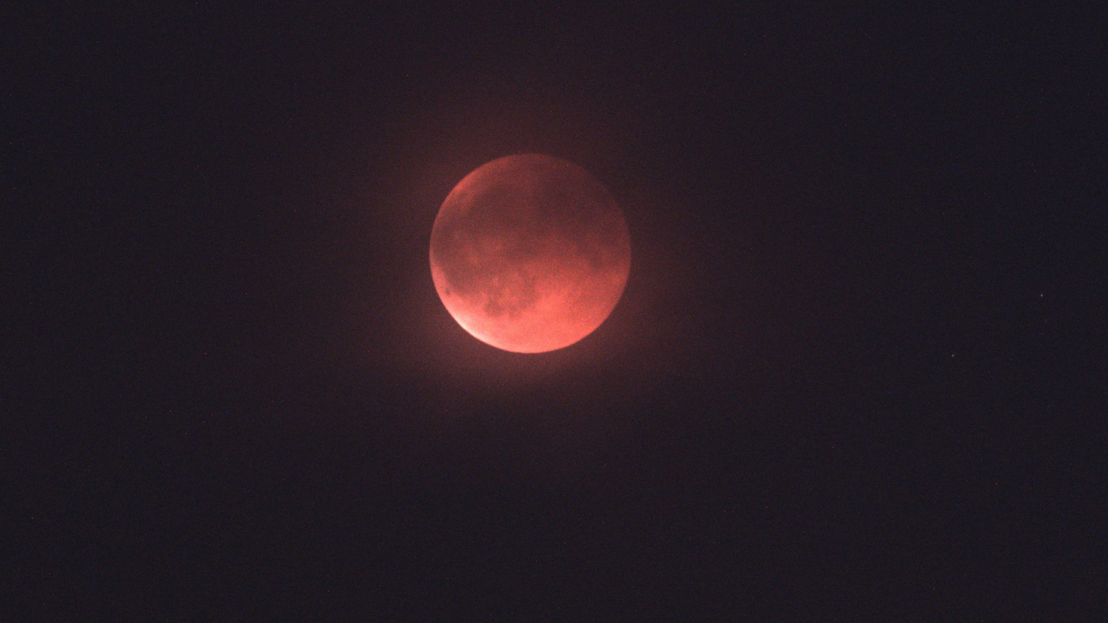 Ein Blutmond leuchtet rötlich am dunklen Nachthimmel.