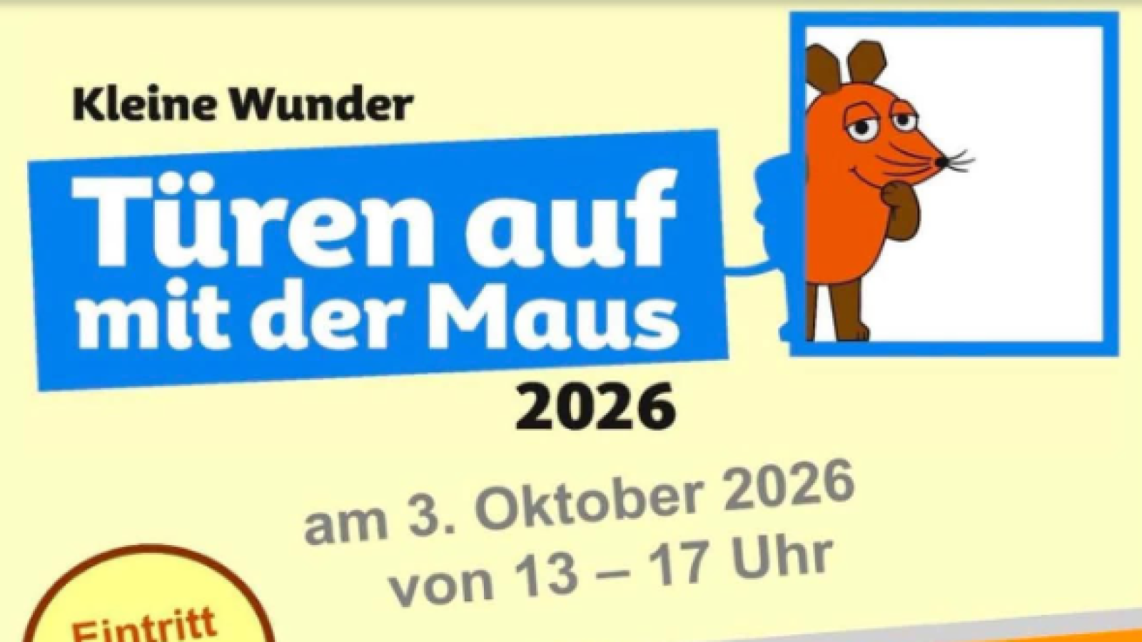 Poster für 'Türen auf mit der Maus 2026': Details zur Veranstaltung am 3. Oktober mit kostenlosen Aktivitäten wie Planetarium und Grillen.