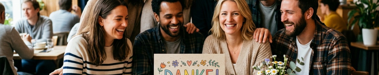 Acht Personen sitzen im Café um einen Tisch, lächeln und halten ein Dankeschön-Schild.